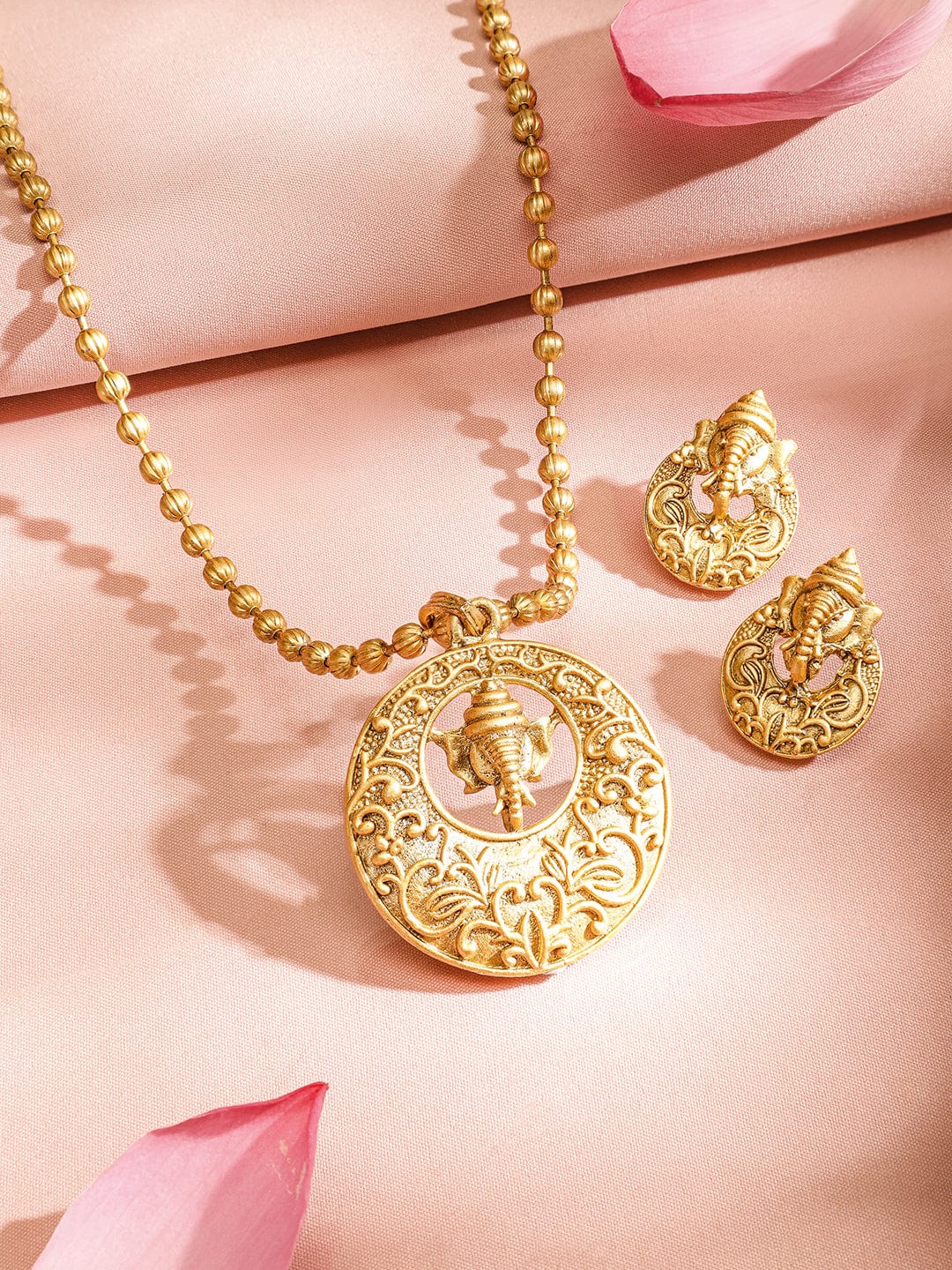 Rubans Divine 22K Gold Plated Ganesh Motif with Golden Beaded Temple Pendent Jewellery Set Necklaces, Necklace Sets, Chains & Mangalsutra