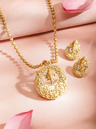Rubans Divine 22K Gold Plated Ganesh Motif with Golden Beaded Temple Pendent Jewellery Set Necklaces, Necklace Sets, Chains & Mangalsutra