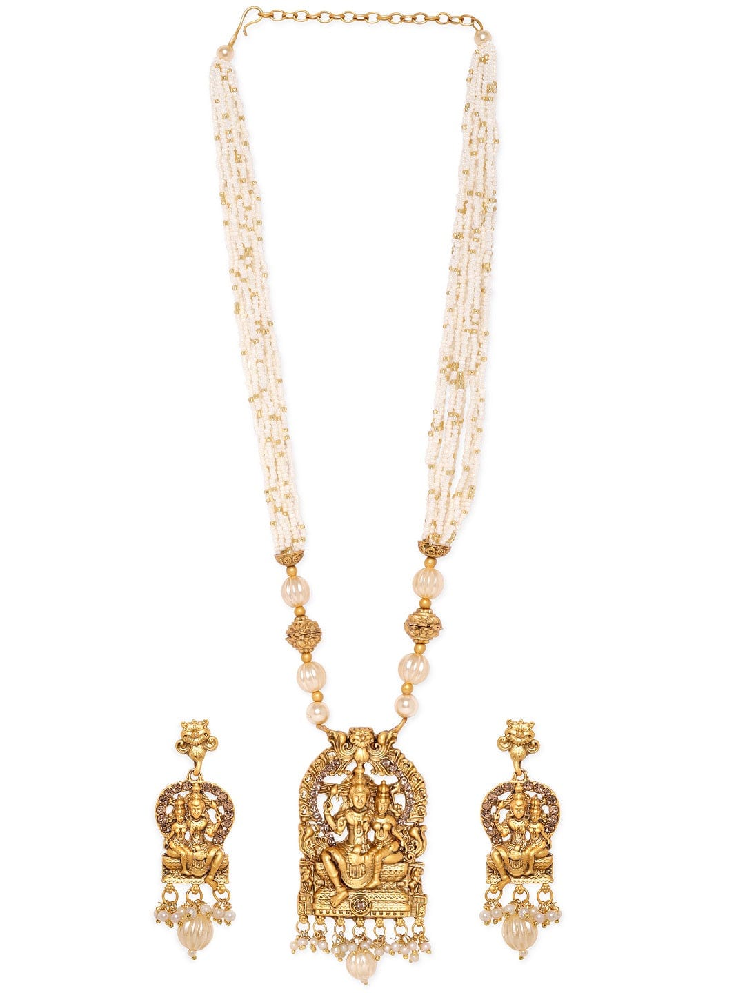 Rubans Divine Union: Lord Shiva and Parvathi Temple Jewellery with White Beads Chain Necklace Set Jewellery Sets