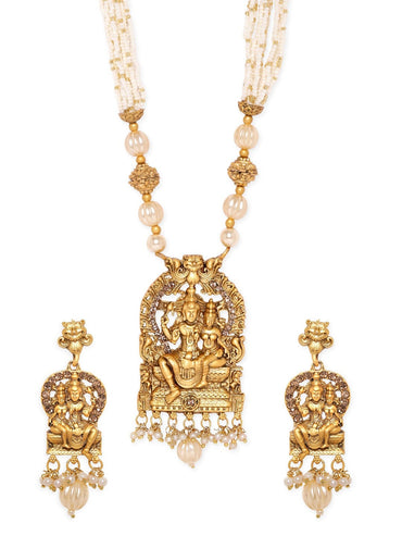 Rubans Divine Union: Lord Shiva and Parvathi Temple Jewellery with White Beads Chain Necklace Set Jewellery Sets