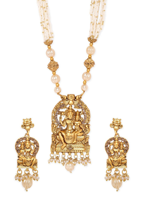 Rubans Divine Union: Lord Shiva and Parvathi Temple Jewellery with White Beads Chain Necklace Set Jewellery Sets