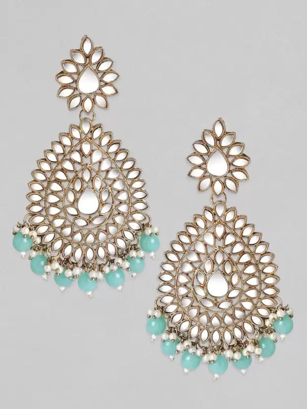 Rubans Domed Teardrop Mirror Earrings with Turquoise Beads Earrings