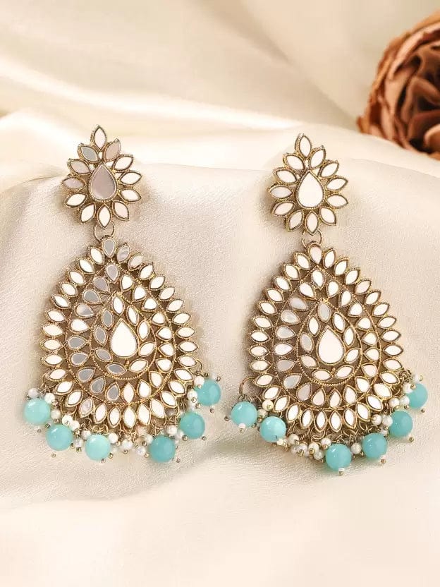 Rubans Domed Teardrop Mirror Earrings with Turquoise Beads Earrings