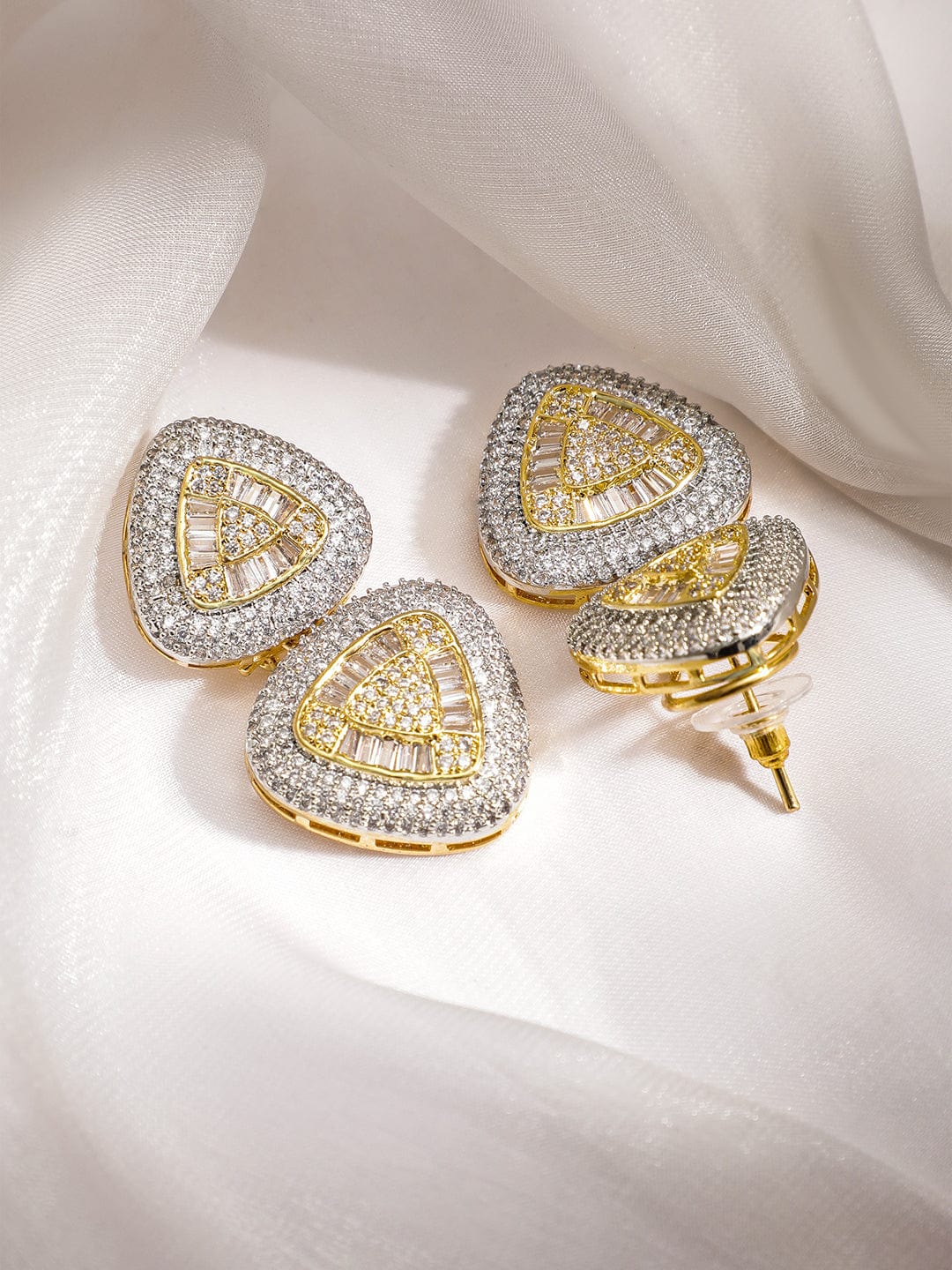 Rubans Dual Gold & Rhodium-Plated Premium AAA Crystal & Cubic Zirconia Studded Triangular Drop Earrings Drop Earrings