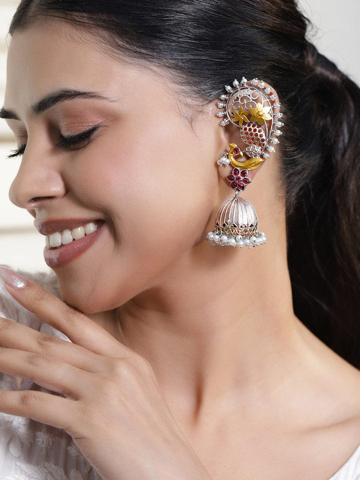 Rubans Dual-Plated Gold & Silver-Toned Oversized Ear Cuff Earrings with Bird Motif, Ruby Pink Stones & Pearl Drops Earrings