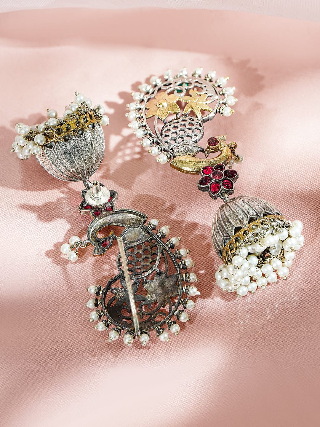 Rubans Dual-Plated Gold & Silver-Toned Oversized Ear Cuff Earrings with Bird Motif, Ruby Pink Stones & Pearl Drops Earrings