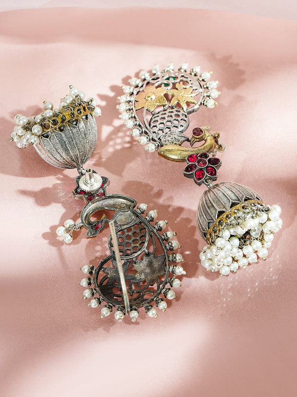 Rubans Dual-Plated Gold & Silver-Toned Oversized Ear Cuff Earrings with Bird Motif, Ruby Pink Stones & Pearl Drops Earrings