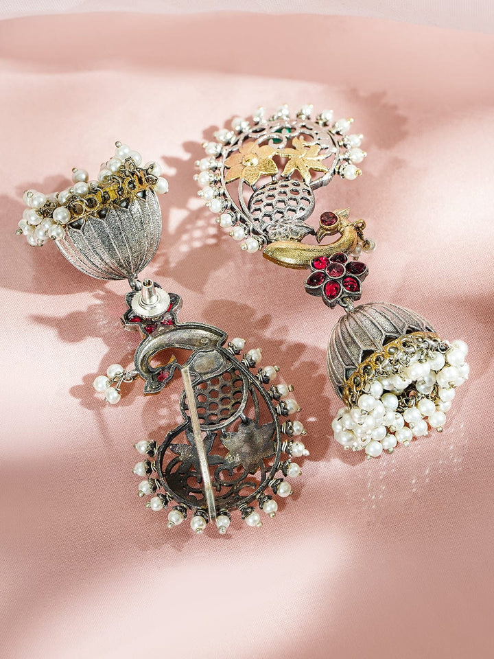 Rubans Dual-Plated Gold & Silver-Toned Oversized Ear Cuff Earrings with Bird Motif, Ruby Pink Stones & Pearl Drops Earrings