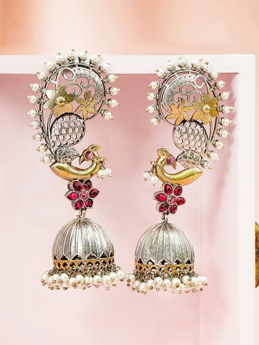 Rubans Dual-Plated Gold & Silver-Toned Oversized Ear Cuff Earrings with Bird Motif, Ruby Pink Stones & Pearl Drops Earrings