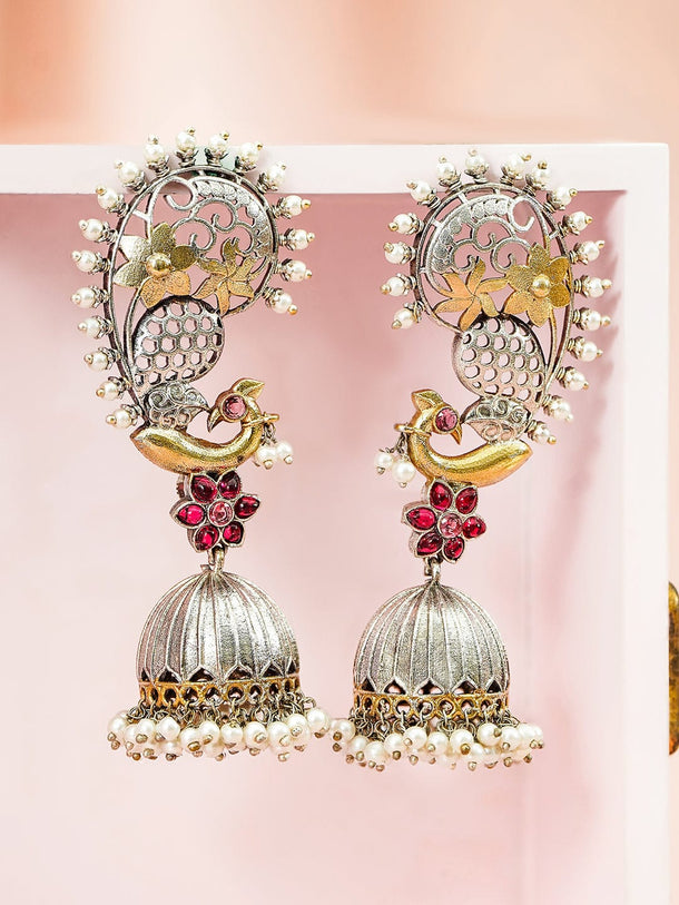 Rubans Dual-Plated Gold & Silver-Toned Oversized Ear Cuff Earrings with Bird Motif, Ruby Pink Stones & Pearl Drops Earrings
