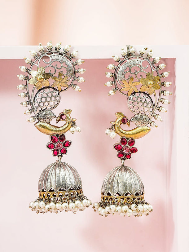Rubans Dual-Plated Gold & Silver-Toned Oversized Ear Cuff Earrings with Bird Motif, Ruby Pink Stones & Pearl Drops Earrings