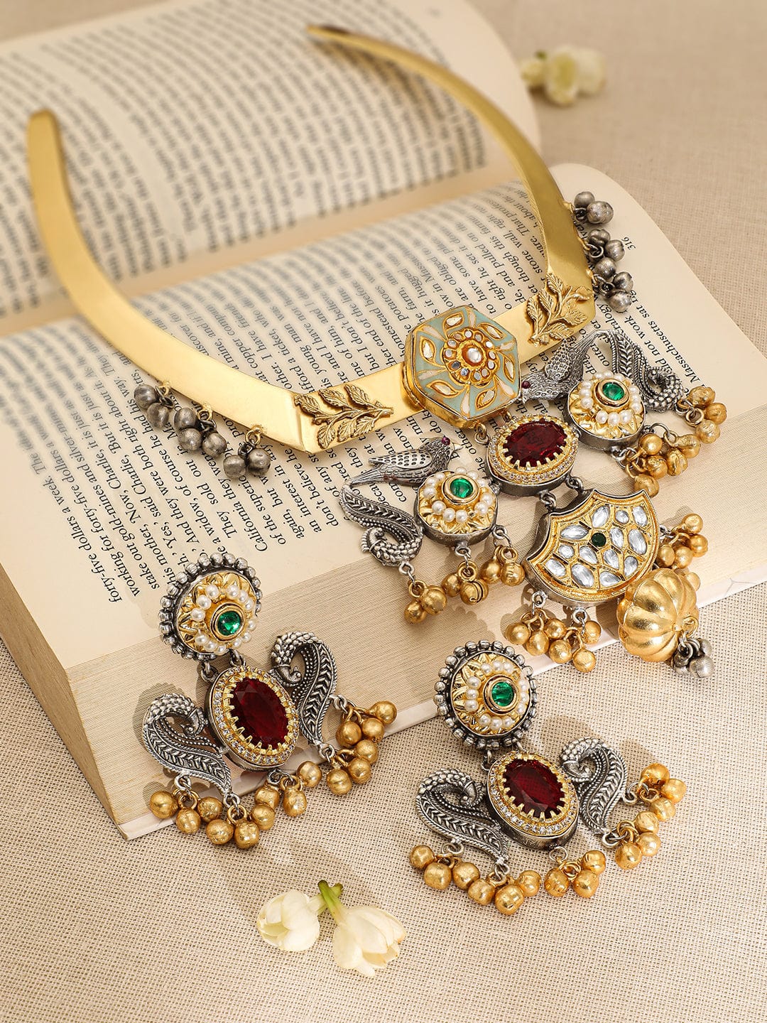 Rubans Dual-Plated Silver & Gold Choker Set with Ruby, Emerald, Kundan & Gold-Silver Beads Choker set