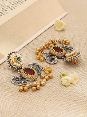 Rubans Dual-Plated Silver & Gold Choker Set with Ruby, Emerald, Kundan & Gold-Silver Beads Jewellery Set