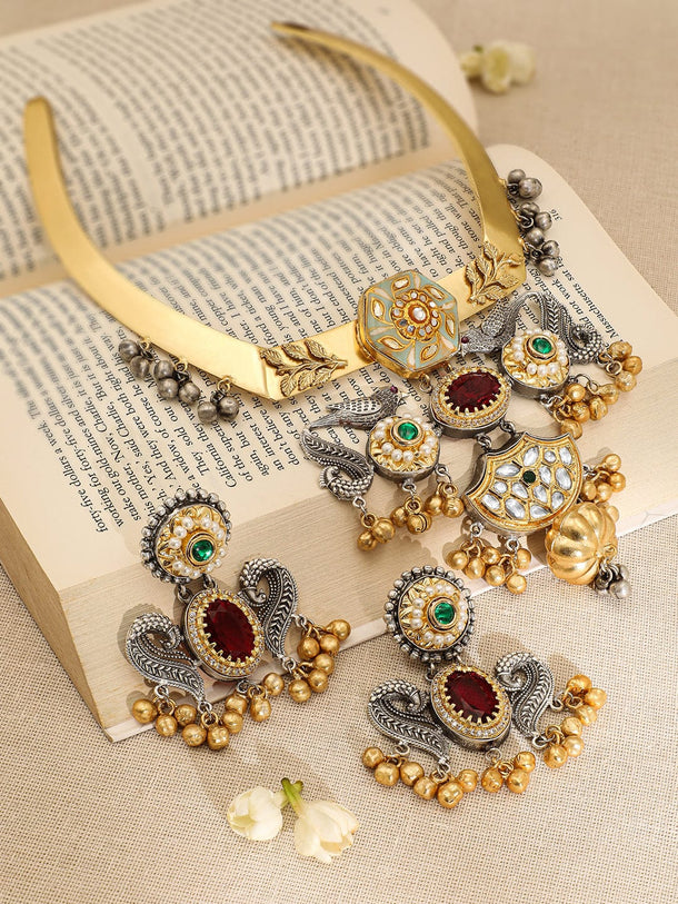 Rubans Dual-Plated Silver & Gold Choker Set with Ruby, Emerald, Kundan & Gold-Silver Beads Jewellery Set