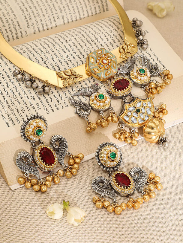 Rubans Dual-Plated Silver & Gold Choker Set with Ruby, Emerald, Kundan & Gold-Silver Beads Jewellery Set