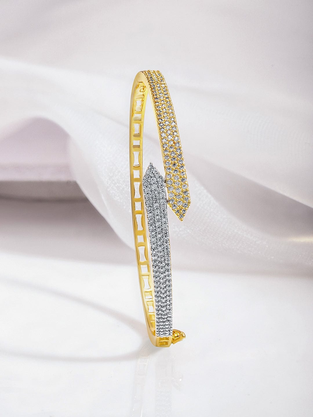 Rubans Dual Tone 22K Gold & Silver Plated Sparkling Zirconia Studded Openable Bangle-Style Bracelet Bracelet