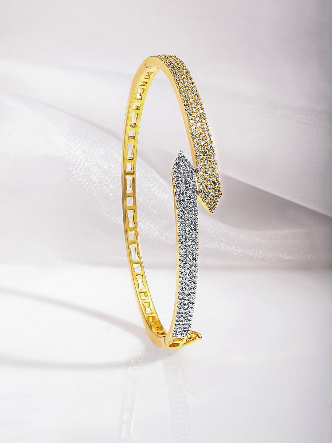 Rubans Dual Tone 22K Gold & Silver Plated Sparkling Zirconia Studded Openable Bangle-Style Bracelet Bracelet