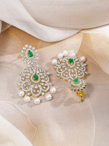 Rubans Dual-Tone Gold & Silver Plated Emerald Green & Cubic Zirconia Studded Necklace Set with White Pearls Jewellery Set