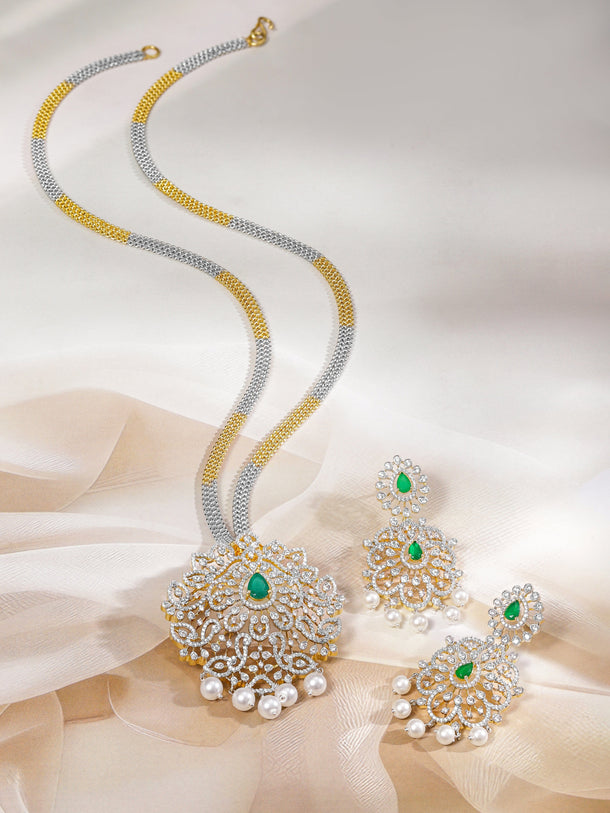 Rubans Dual-Tone Gold & Silver Plated Emerald Green & Cubic Zirconia Studded Necklace Set with White Pearls Jewellery Set