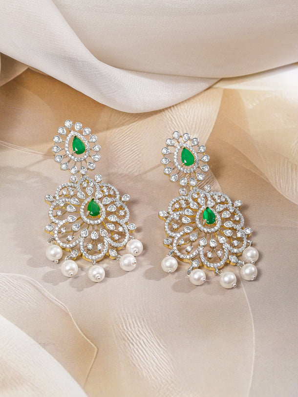 Rubans Dual-Tone Gold & Silver Plated Emerald Green & Cubic Zirconia Studded Necklace Set with White Pearls Jewellery Set