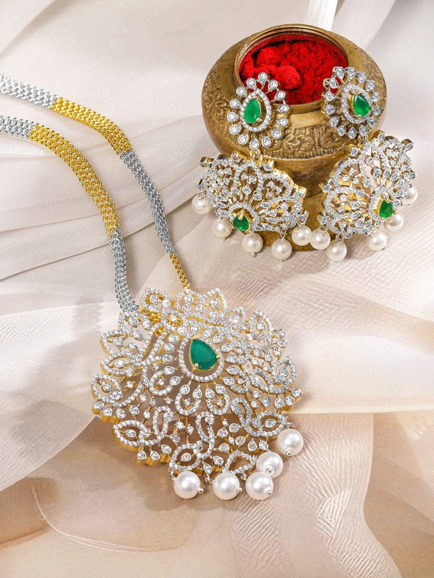 Rubans Dual-Tone Gold & Silver Plated Emerald Green & Cubic Zirconia Studded Necklace Set with White Pearls Jewellery Set