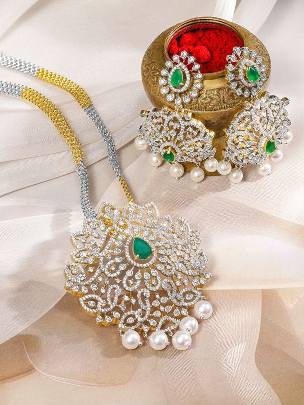 Rubans Dual-Tone Gold & Silver Plated Emerald Green & Cubic Zirconia Studded Necklace Set with White Pearls Necklace Set