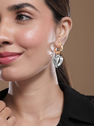 Rubans Dual Tone Gold & Silver Plated Heart Charm Hoop Drop Earrings Earrings