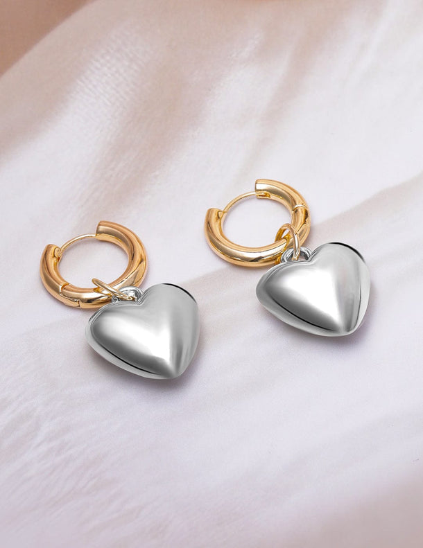 Rubans Dual Tone Gold & Silver Plated Heart Charm Hoop Drop Earrings Earrings