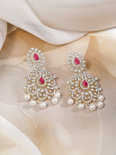 Rubans Dual-Tone Gold & Silver Plated Ruby Pink & Cubic Zirconia Studded Necklace Set with White Pearls Jewellery Set