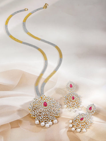 Rubans Dual-Tone Gold & Silver Plated Ruby Pink & Cubic Zirconia Studded Necklace Set with White Pearls Jewellery Set
