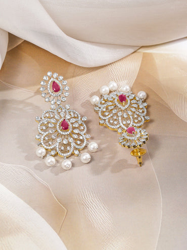 Rubans Dual-Tone Gold & Silver Plated Ruby Pink & Cubic Zirconia Studded Necklace Set with White Pearls Jewellery Set