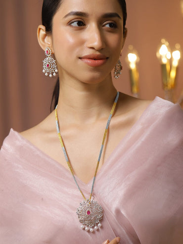 Rubans Dual-Tone Gold & Silver Plated Ruby Pink & Cubic Zirconia Studded Necklace Set with White Pearls Jewellery Set