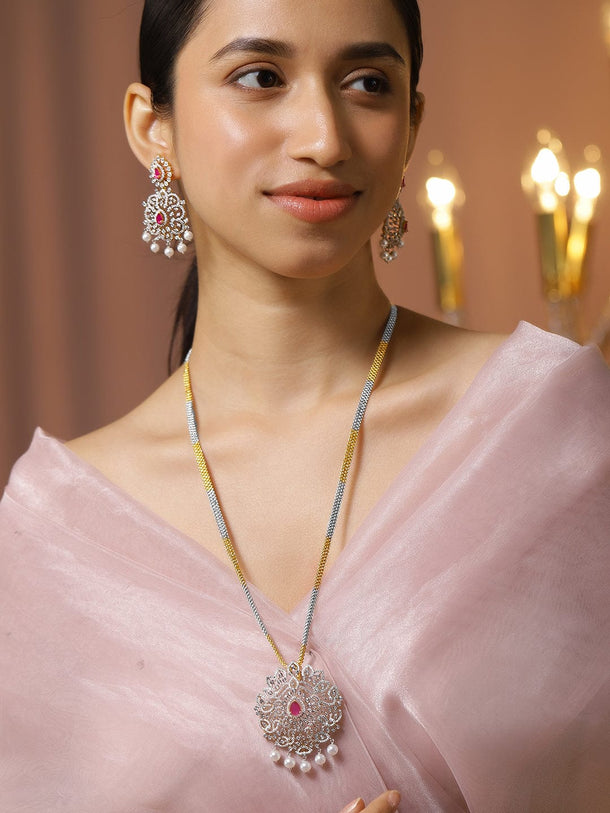 Rubans Dual-Tone Gold & Silver Plated Ruby Pink & Cubic Zirconia Studded Necklace Set with White Pearls Jewellery Set