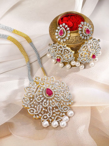 Rubans Dual-Tone Gold & Silver Plated Ruby Pink & Cubic Zirconia Studded Necklace Set with White Pearls Necklace Set