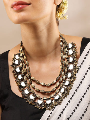 Rubans Dual Tone in Silver and Gold, Mirror Detailing with Gold Beads Multilayer Necklace Necklaces, Necklace Sets, Chains & Mangalsutra