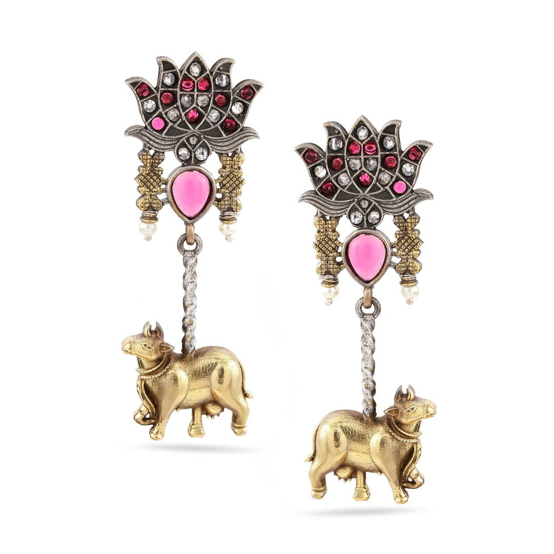 Rubans Dual-Tone Oxidized Lotus Motif Drop Earrings with Pink Stone and Gold Cow Charm Drop Earrings