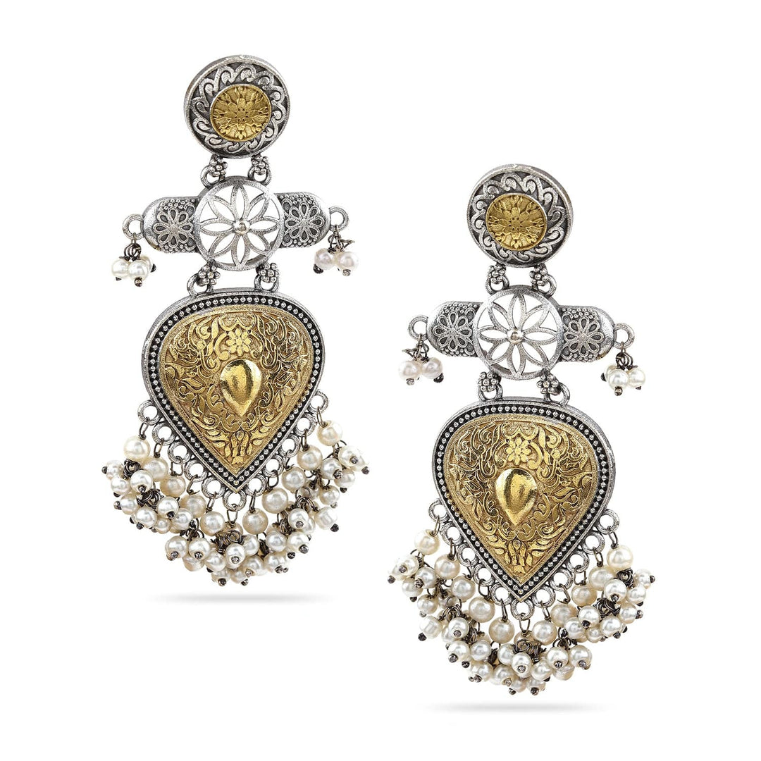 Rubans Dual-Tone Oxidized Silver & Gold Plated Chandelier Earrings with Pearl Beaded Drops Chandelier Earrings