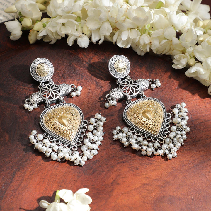 Rubans Dual-Tone Oxidized Silver & Gold Plated Chandelier Earrings with Pearl Beaded Drops Chandelier Earrings