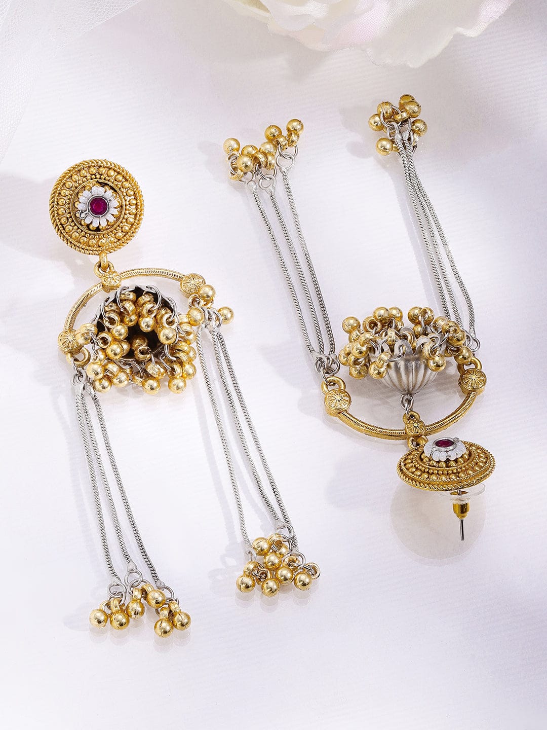 Rubans Dual-Tone Oxidized Silver-Plated Gold Beaded Dome Jhumka Earrings with Ruby & Chain Dangles Earrings