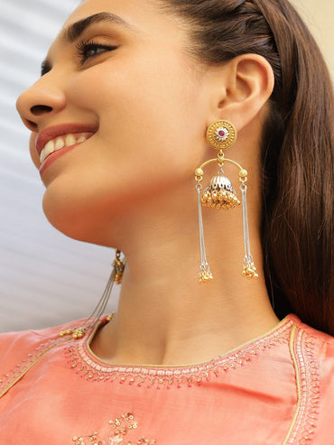 Rubans Dual-Tone Oxidized Silver-Plated Gold Beaded Dome Jhumka Earrings with Ruby & Chain Dangles Earrings