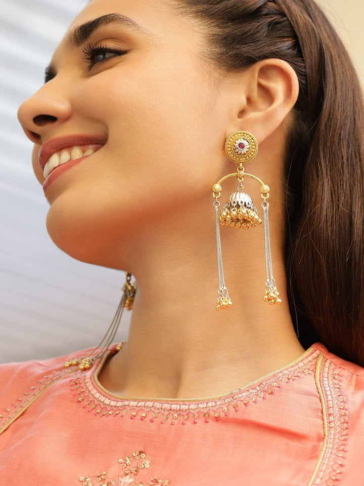 Rubans Dual-Tone Oxidized Silver-Plated Gold Beaded Dome Jhumka Earrings with Ruby & Chain Dangles Earrings