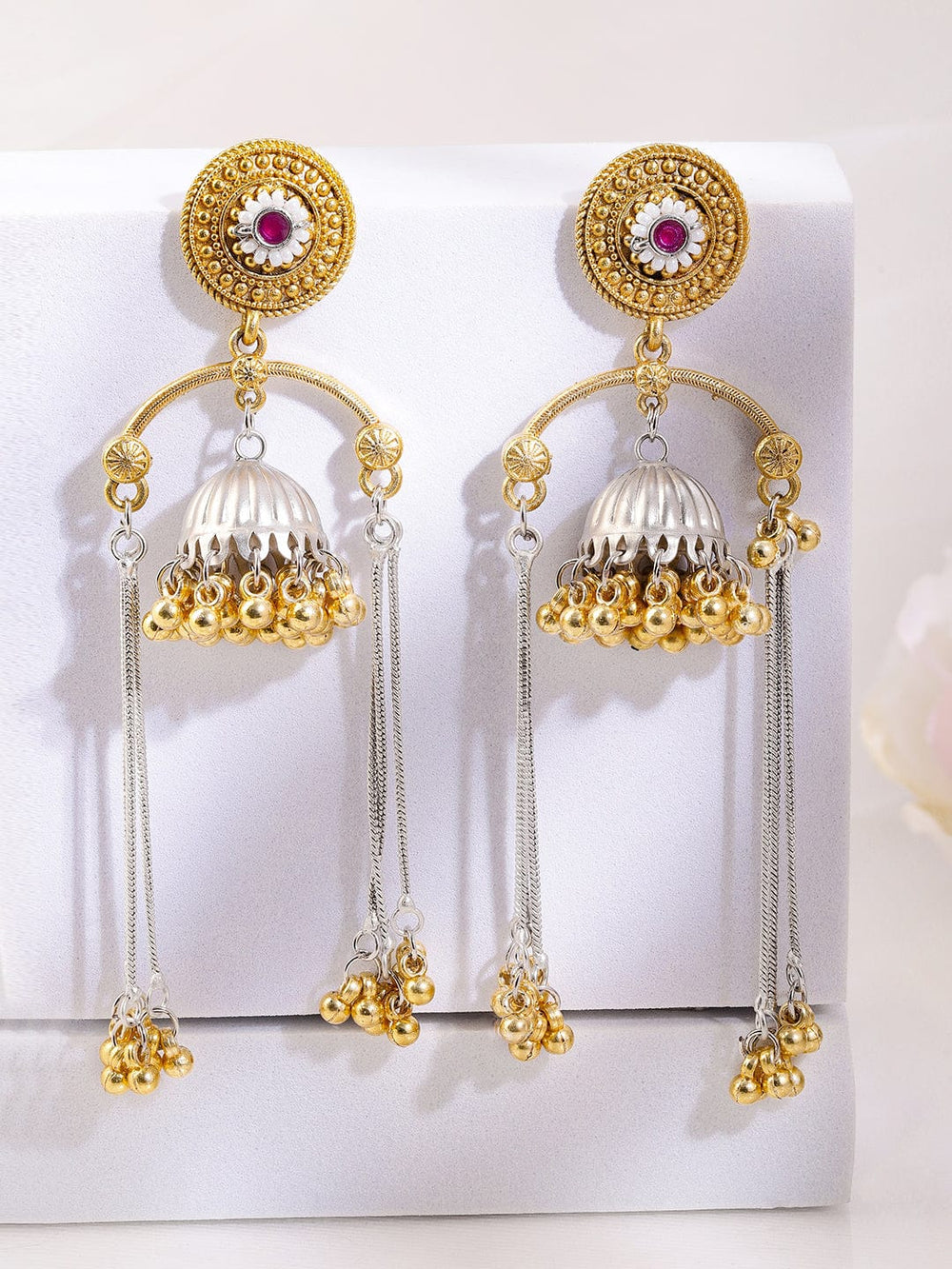 Rubans Dual-Tone Oxidized Silver-Plated Gold Beaded Dome Jhumka Earrings with Ruby & Chain Dangles Earrings