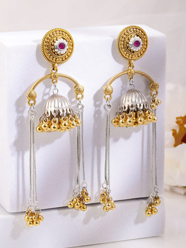 Rubans Dual-Tone Oxidized Silver-Plated Gold Beaded Dome Jhumka Earrings with Ruby & Chain Dangles Earrings