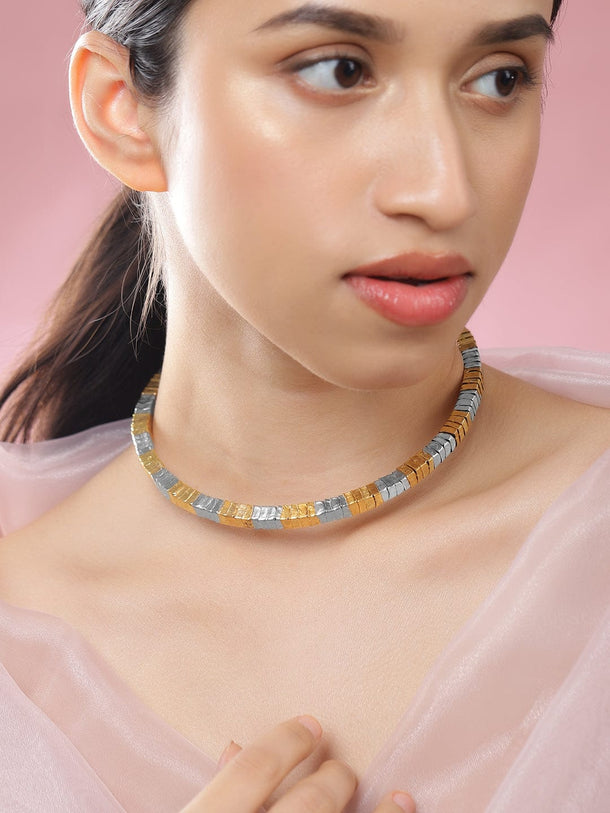 Rubans Dual-Toned Gold & Silver Plated Textured Link Statement Bold Choker Necklace for Women â€“ Perfect for Party & Western Looks Necklace and Chains