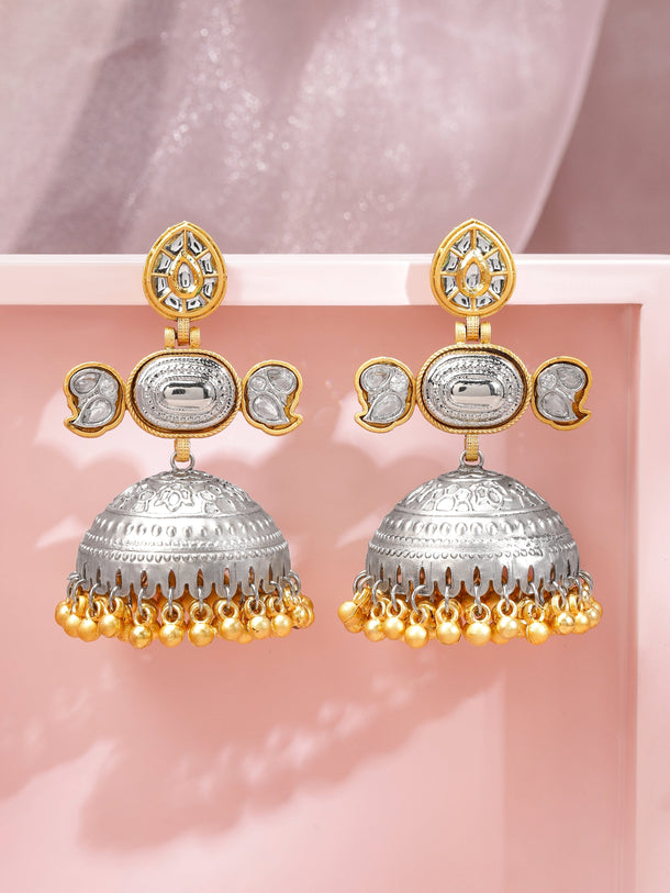 Rubans Dual-Toned Oxidized Silver & Gold-Plated Dome Jhumka Earrings with  Gold Beaded Detailing Earrings