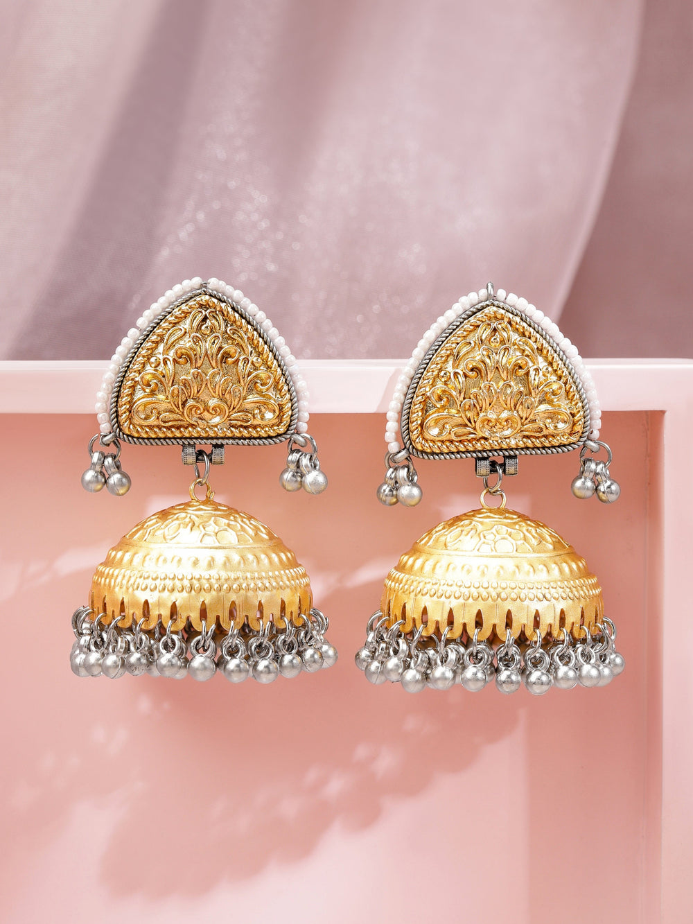 Rubans Dual-Toned Oxidized Silver & Gold-Plated Triangle Jhumka Earrings with Silver Ghungroo Beads Earrings
