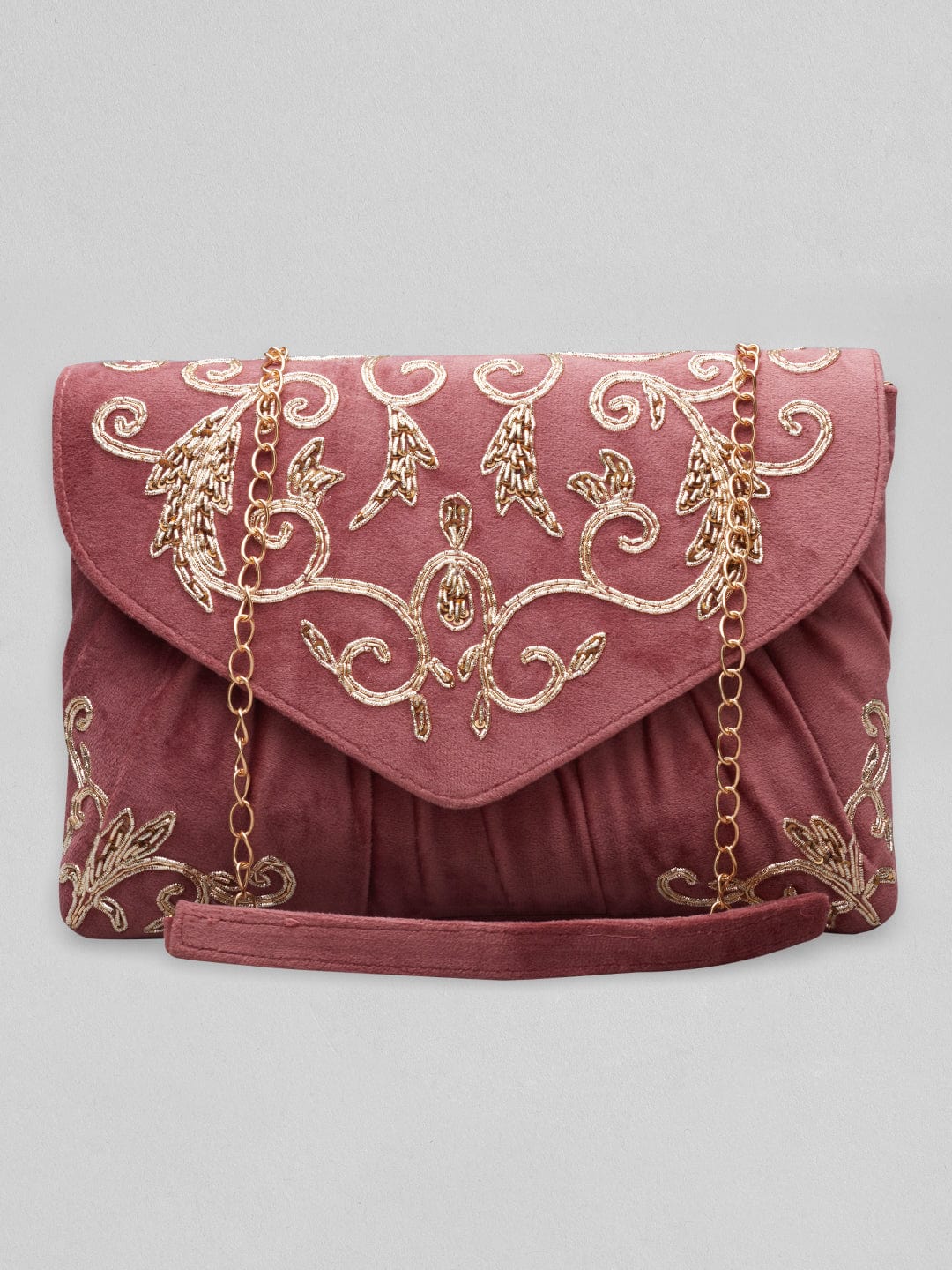 Rubans Dusky Pink Colour Handbag With Embroided Gold And Brown Design. Handbag & Wallet Accessories