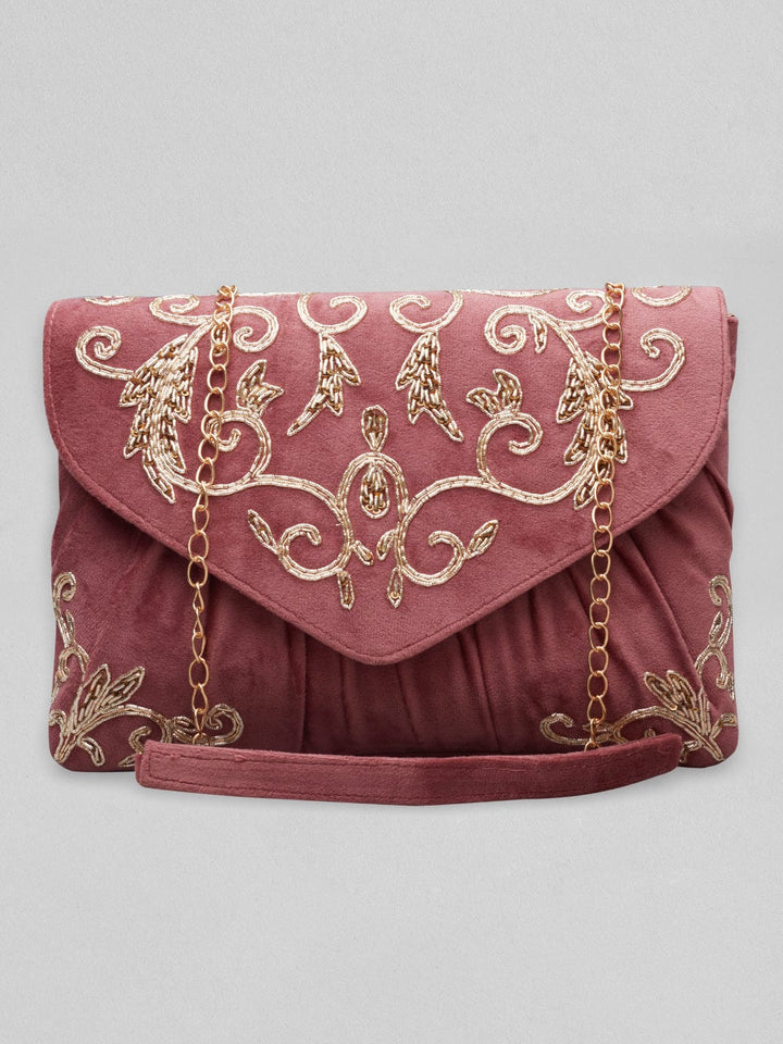 Rubans Dusky Pink Colour Handbag With Embroided Gold And Brown Design. Handbag & Wallet Accessories
