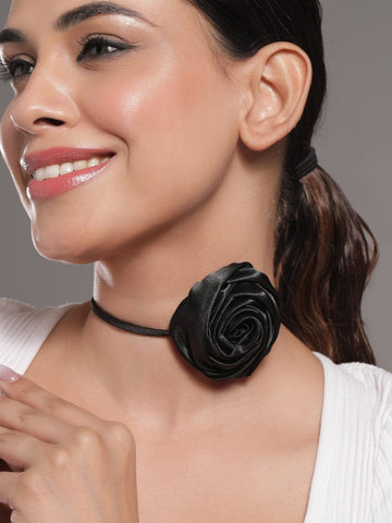 Rubans Elegant Black Satin Rose Choker Necklace â€“ Bold Statement Piece for Every Look Necklace and Chains