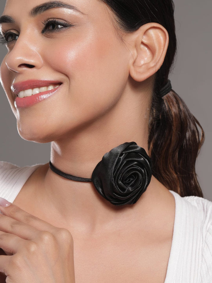 Rubans Elegant Black Satin Rose Choker Necklace – Bold Statement Piece for Every Look Necklace and Chains